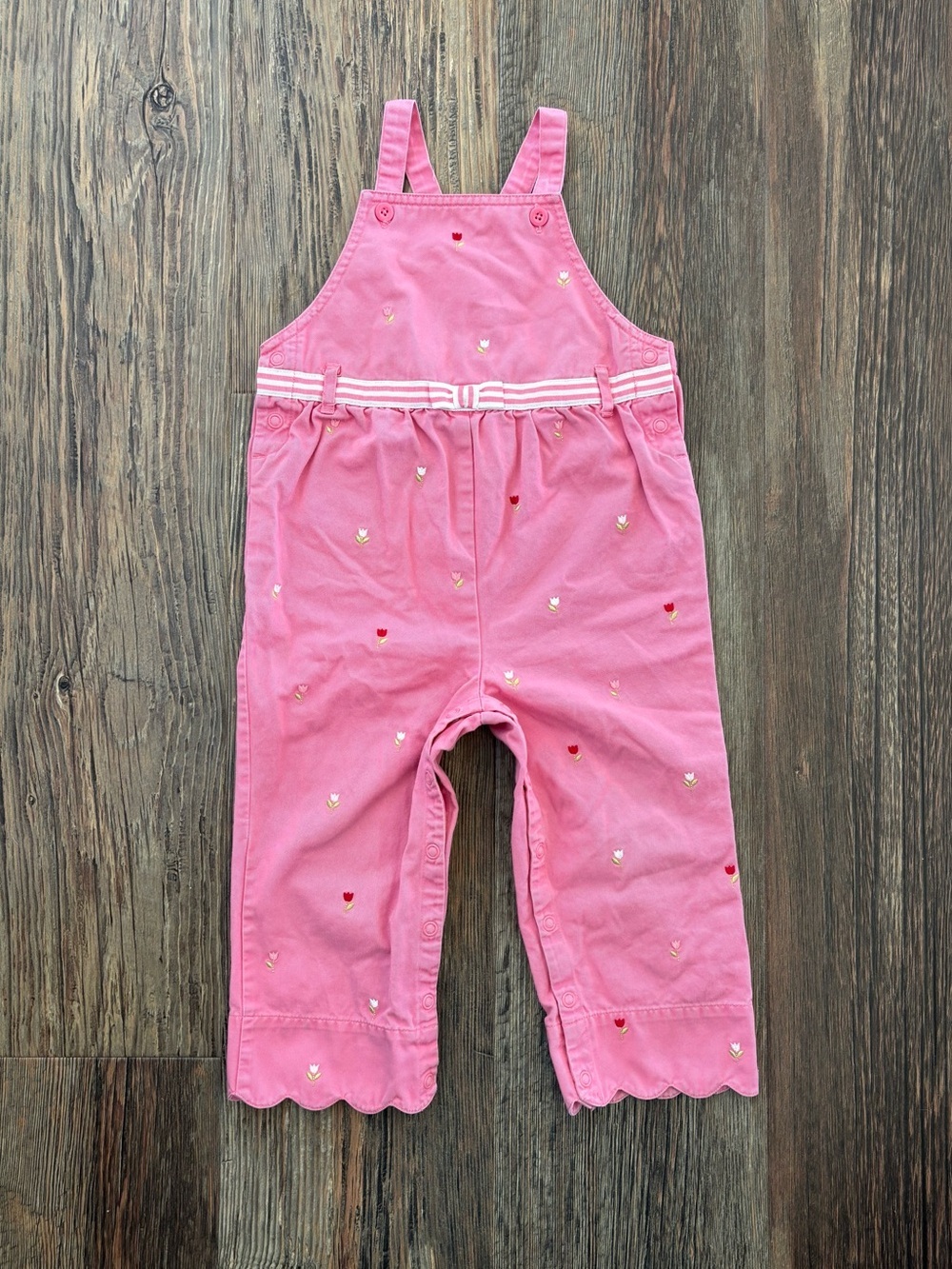 Y2K Gymboree Pink Floral Embroidered Bib Overalls 18-24 Mos Scalloped Hems 2003